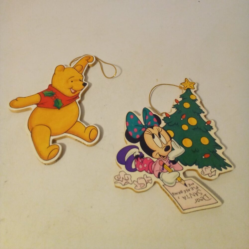 Vintage Disney Pooh Minnie Two Side Die Cut Wood Ornaments Christmas Holiday